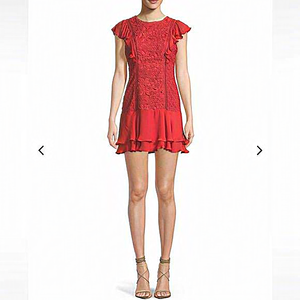 Parker orange red flowy mini zipper back dress w/ crochet detail & short sleeves